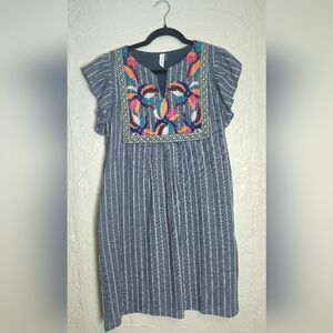 L Love Gray Pin Stripe Boho Embroidered  Flutter Sleeve Lined Sun Dress Small